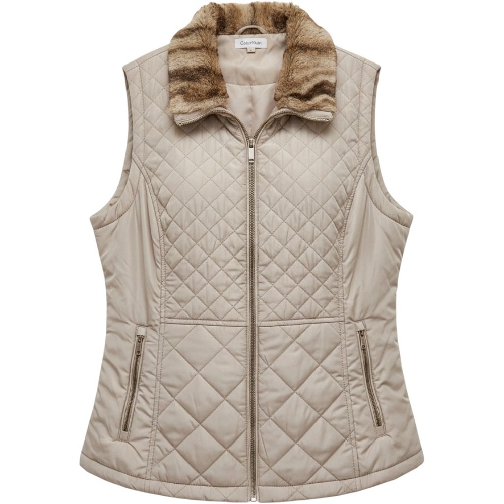 Calvin Klein Quilted Vest Women Large Beige Excellent Faux Fur Collar Puffer